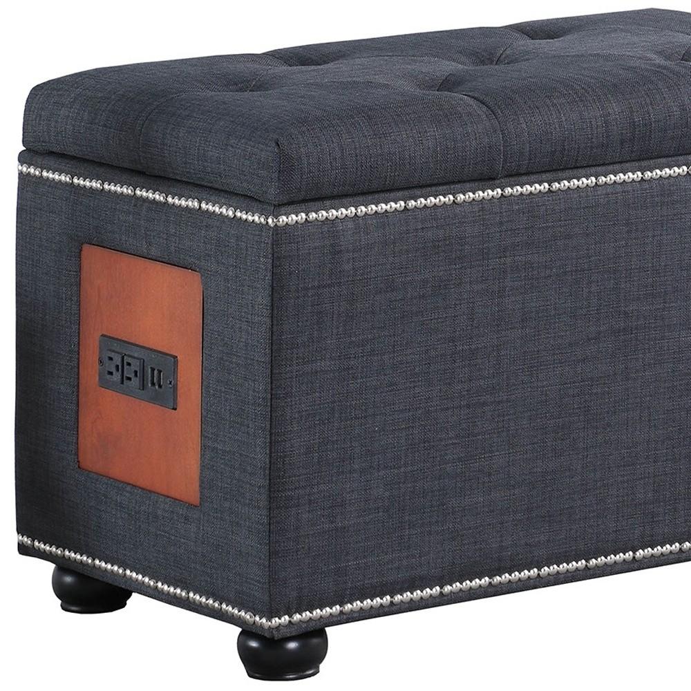 Charcoal Gray Tufted Storage Ottoman with Charging Station