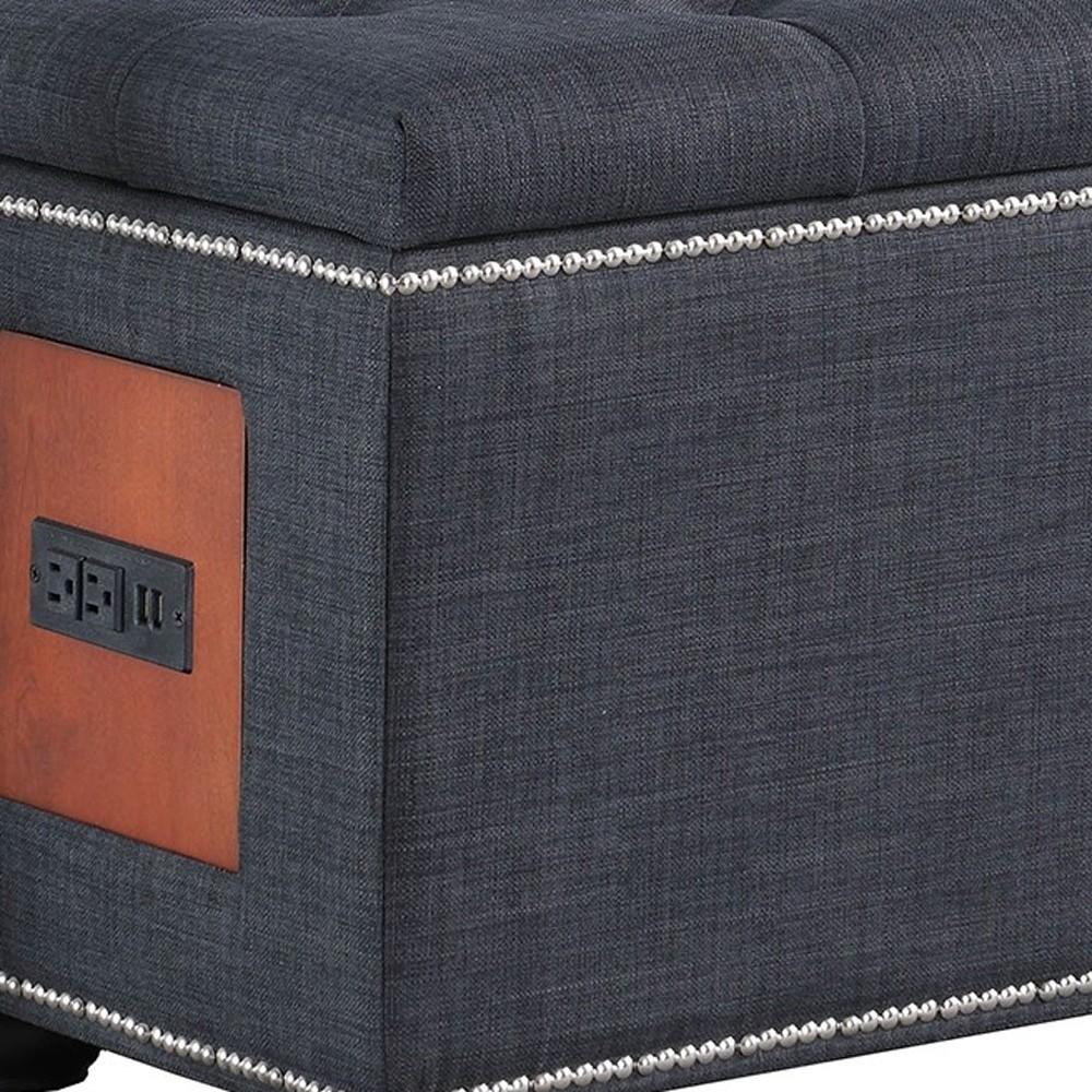 Charcoal Gray Tufted Storage Ottoman with Charging Station