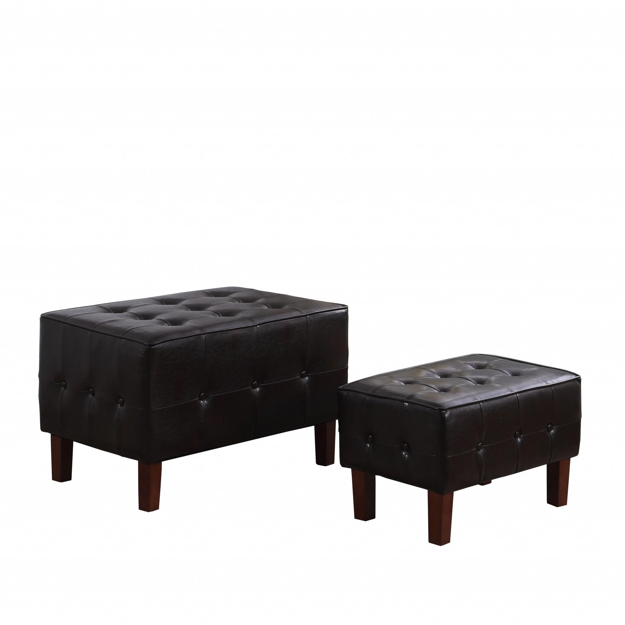 Set of Two Brown Faux Leather Tufted Stackable Ottomans