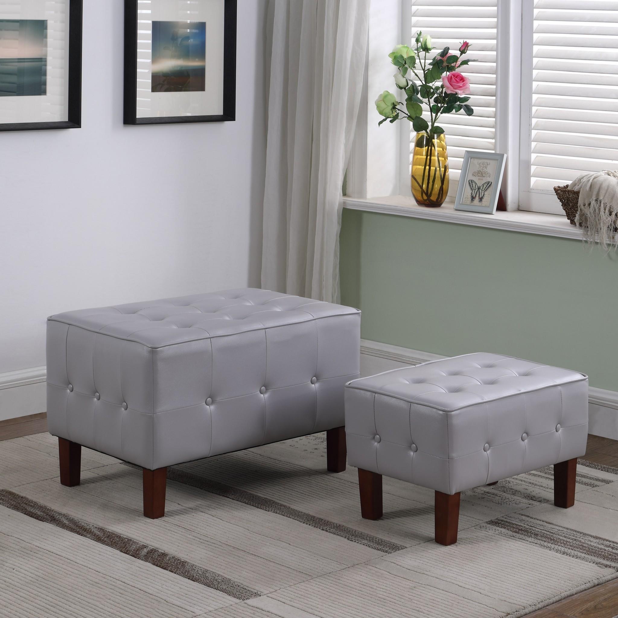 Set of Two Gray Faux Leather Tufted Stackable Ottomans