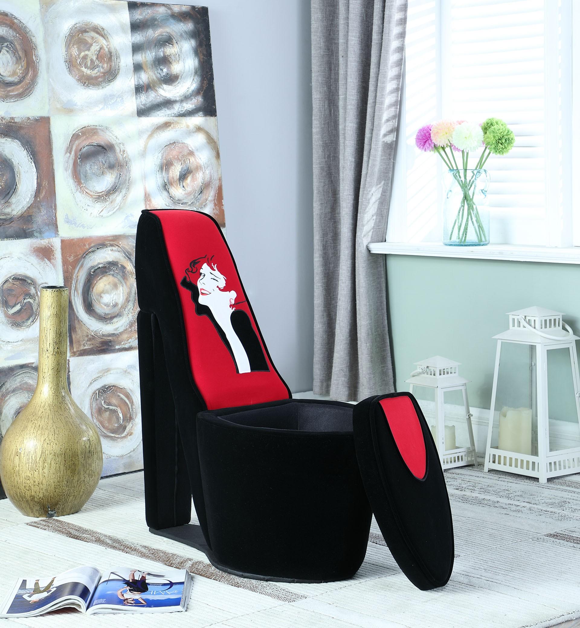 Glam Black and Red Contempo Lady Faux Suede High Heel Shoe Shaped Storage Chair