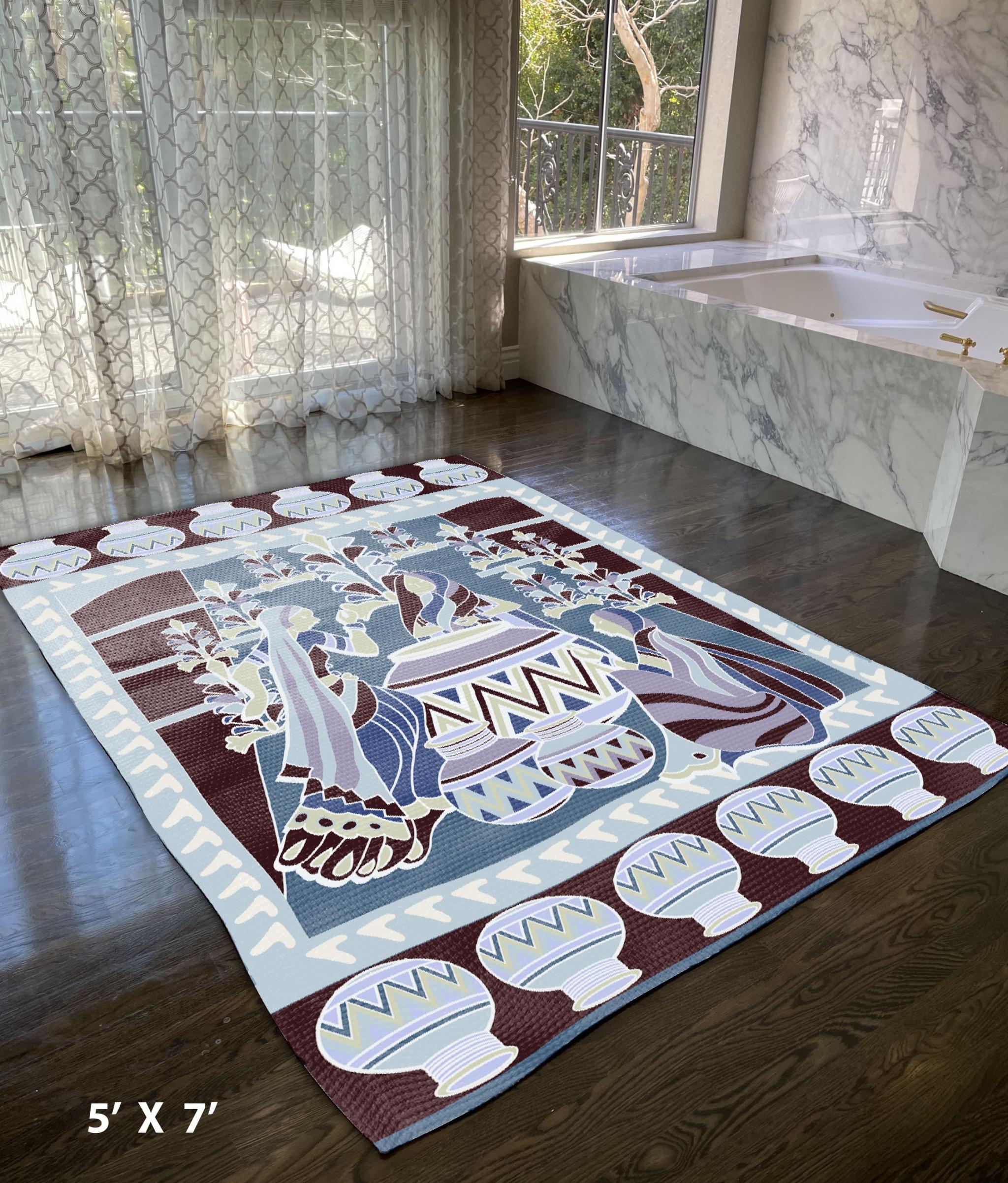 5' X 7' Dark Brown And Blue Abstract Area Rug