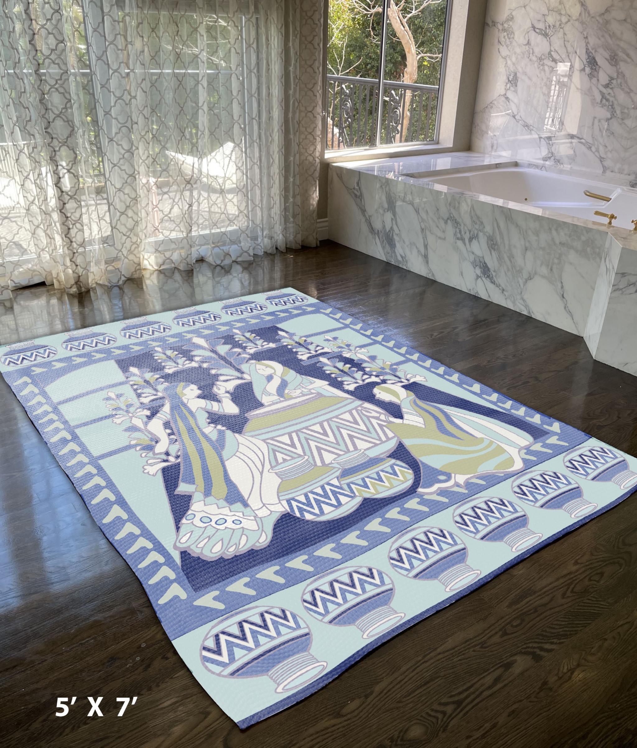 5' X 7' Navy Light Blue Green Abstract Area Rug