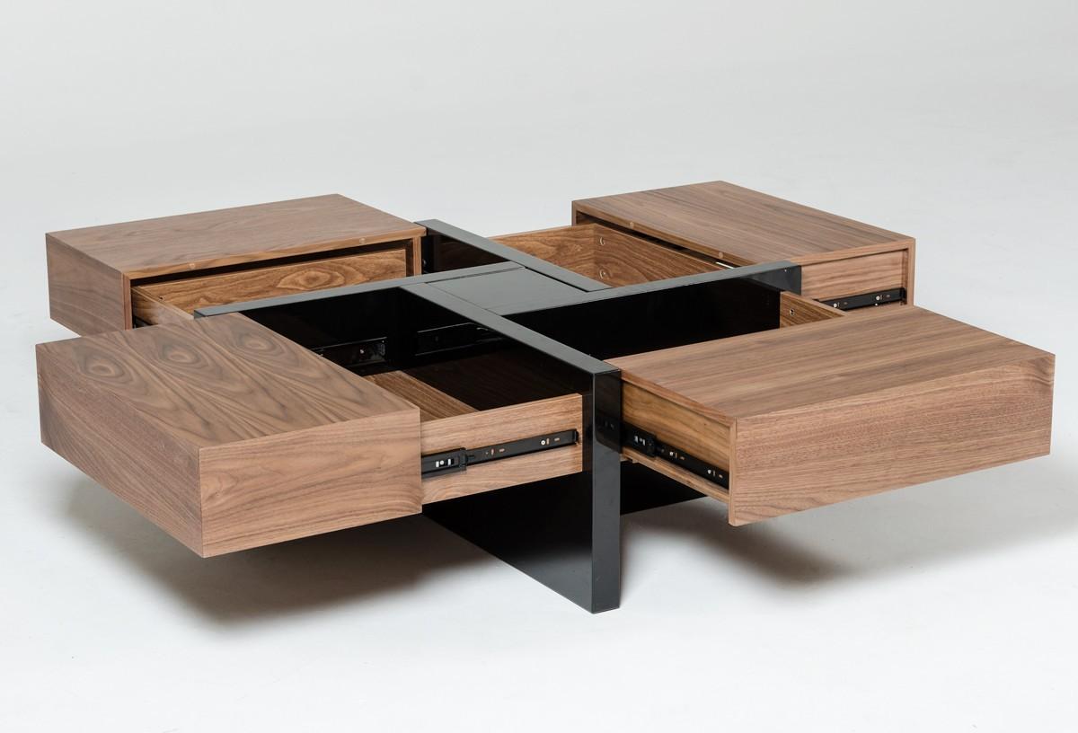 Modern Walnut and Black Square Coffee Table with Storage