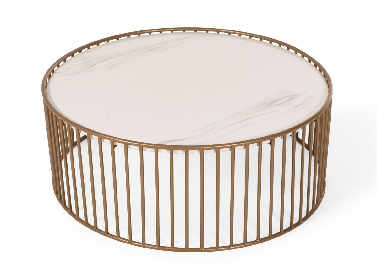 Modern Round White and Gold Faux Marble Coffee Table