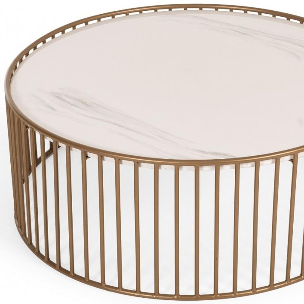 Modern Round White and Gold Faux Marble Coffee Table