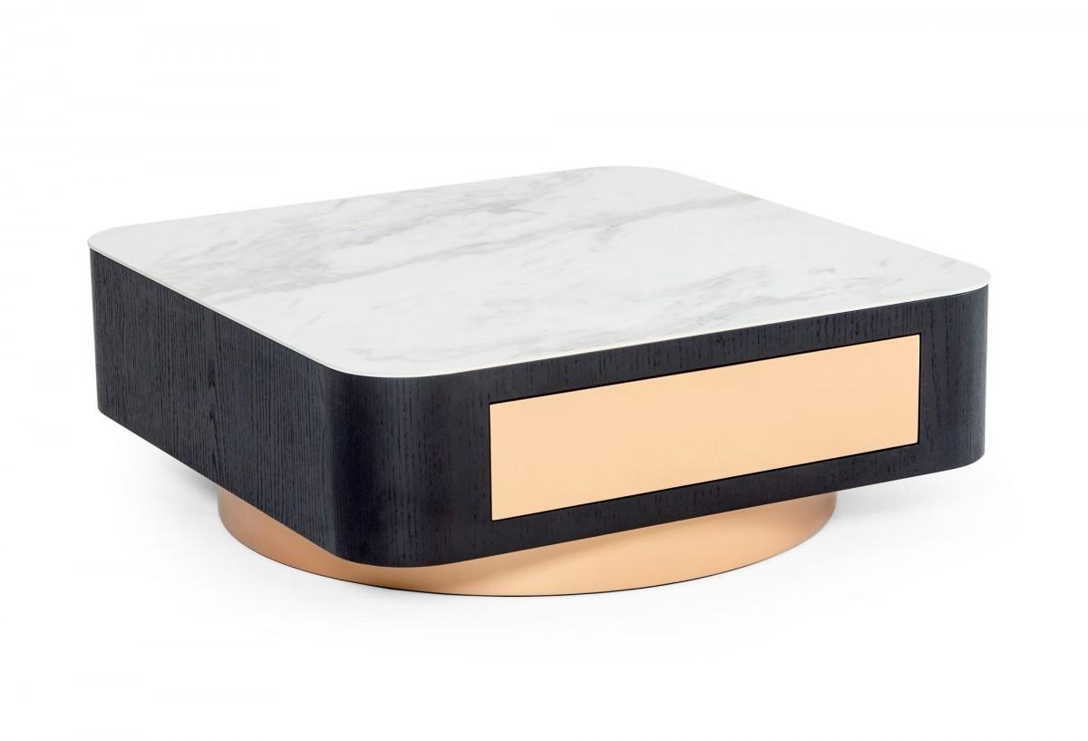 Modern White Black and Rose Gold Coffee Table with One Drawer