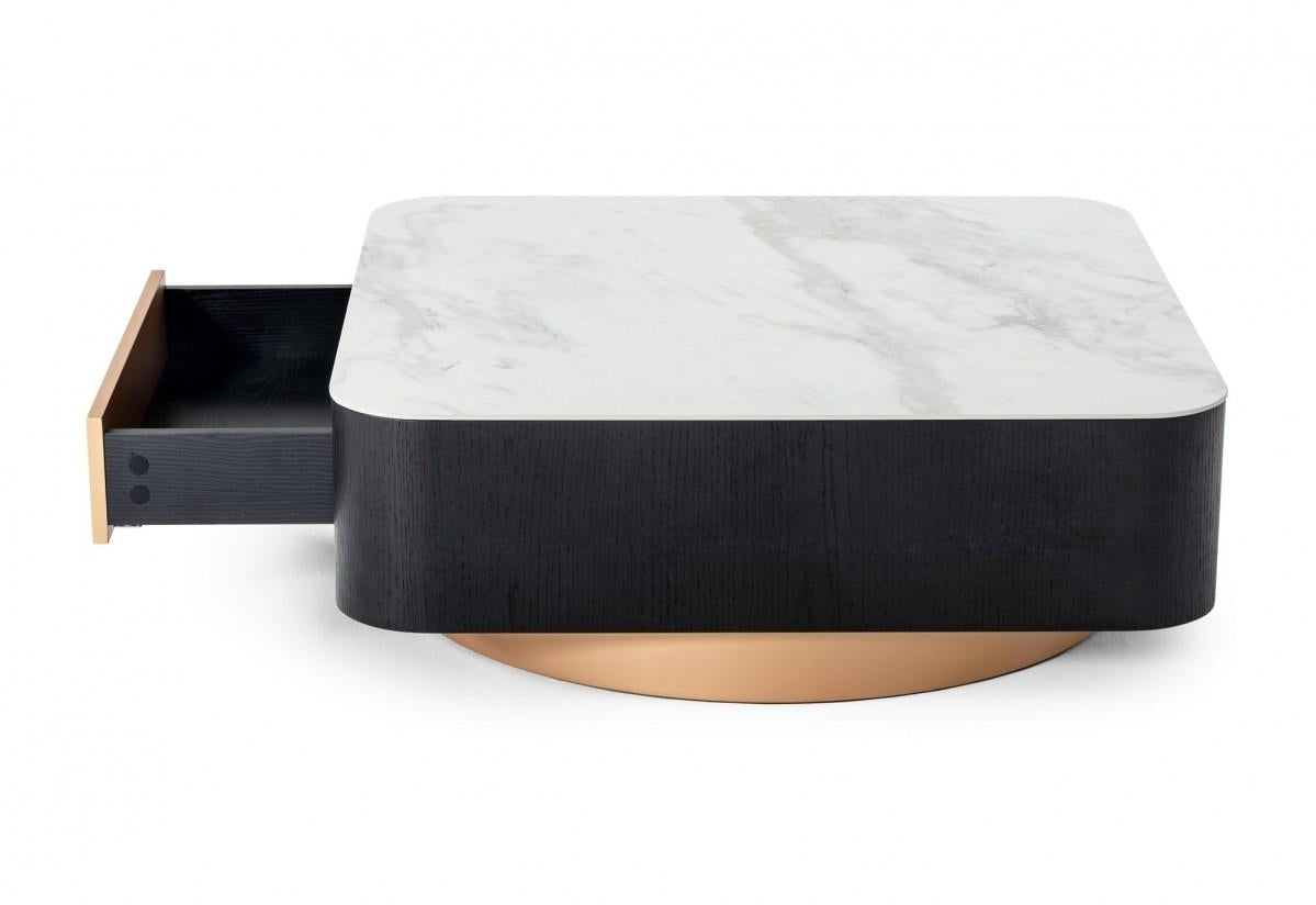 Modern White Black and Rose Gold Coffee Table with One Drawer