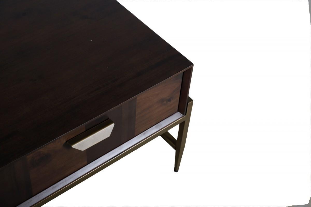 Modern Dark Mango Acacia and Brass Coffee Table