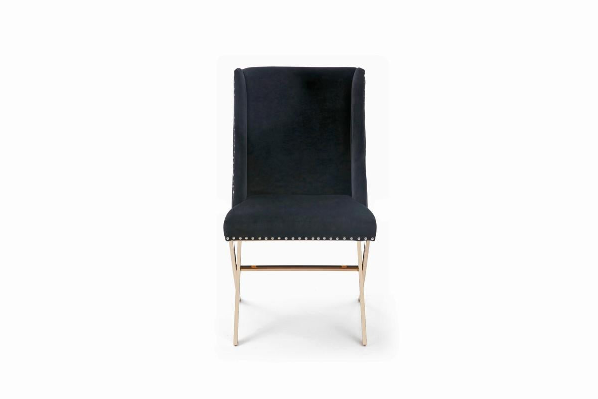 Black Velvet and Rose Gold Nailhead Modern Dining Chair