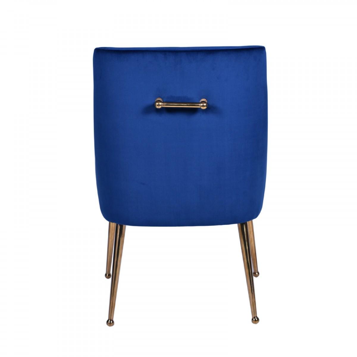 Set of Two Blue Gold Velvet Dining Chairs