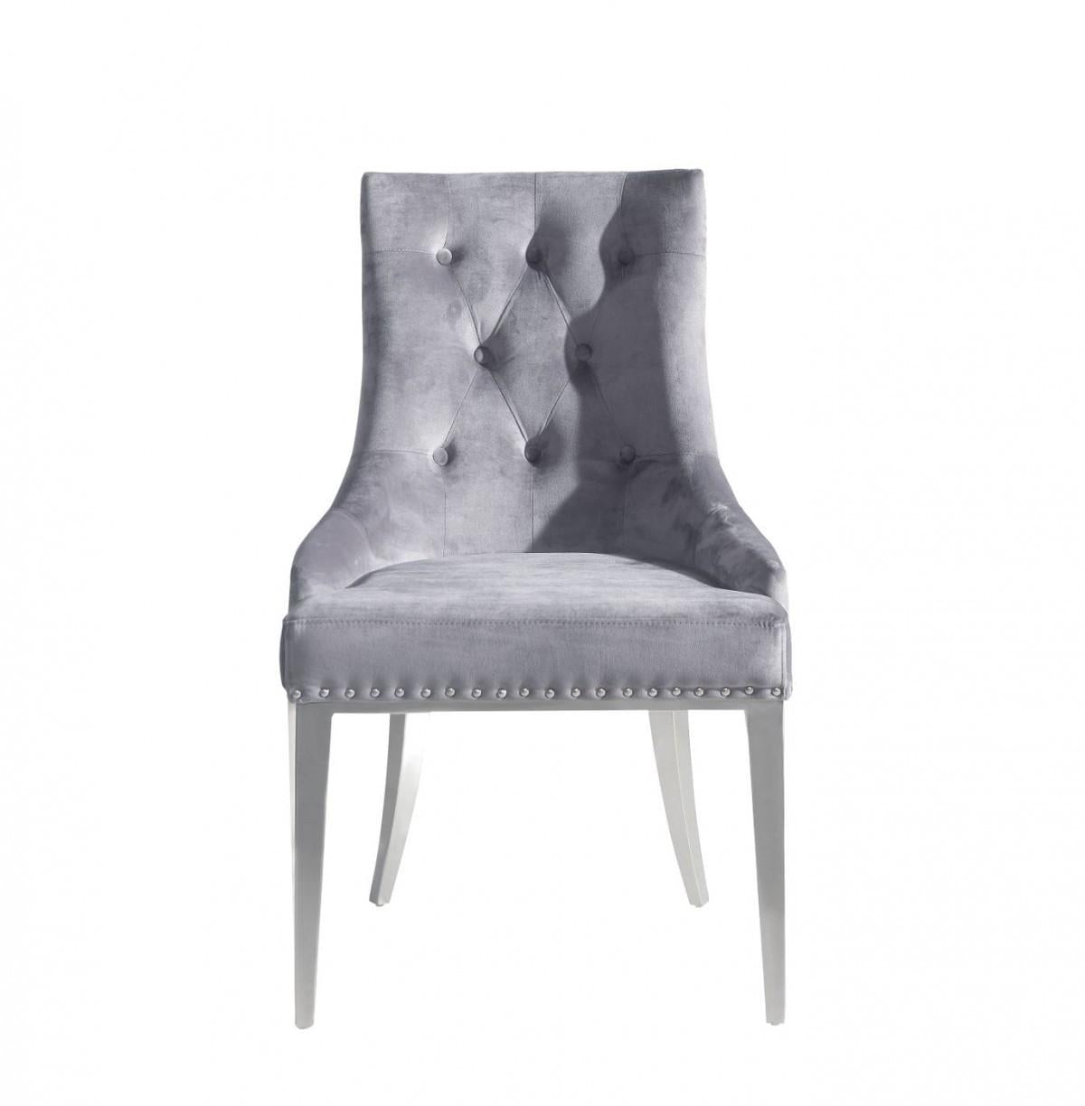 Set of Two Grey Velvet Tufted Dining Chairs