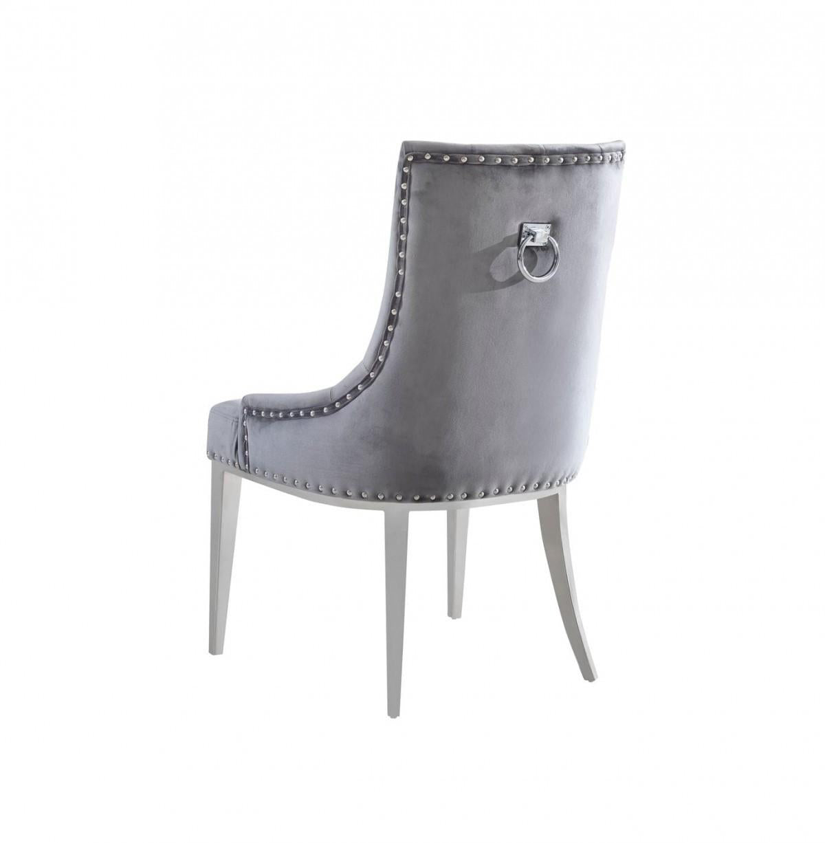 Set of Two Grey Velvet Tufted Dining Chairs