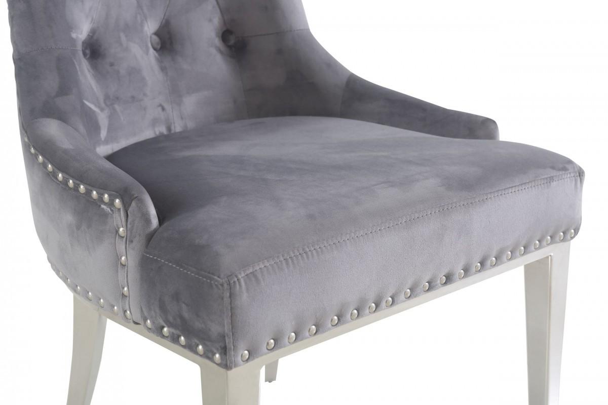 Set of Two Grey Velvet Tufted Dining Chairs