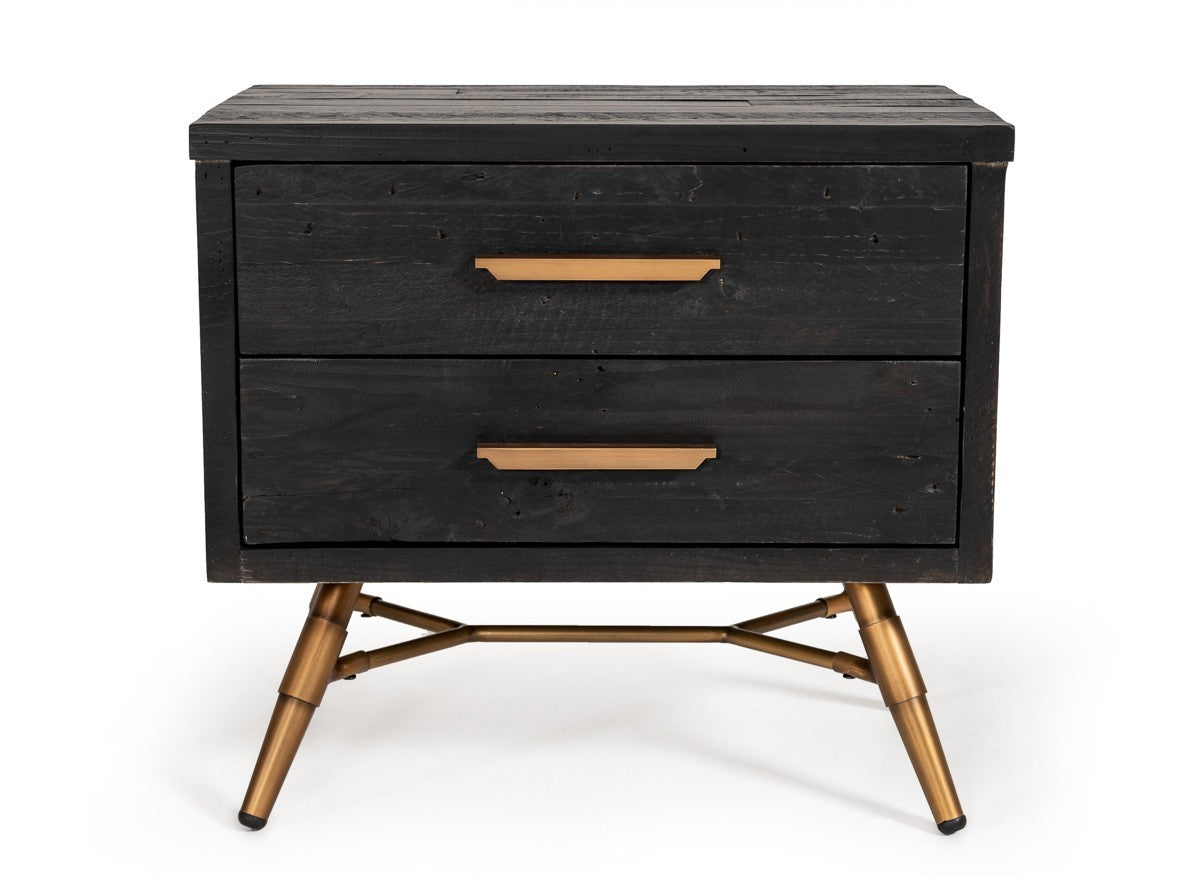 Modern Dark Brown Recycled Pine Nightstand with  Antique Fittings