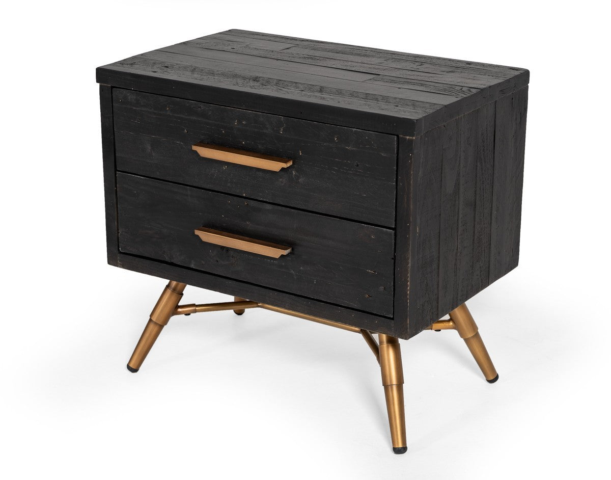 Modern Dark Brown Recycled Pine Nightstand with  Antique Fittings