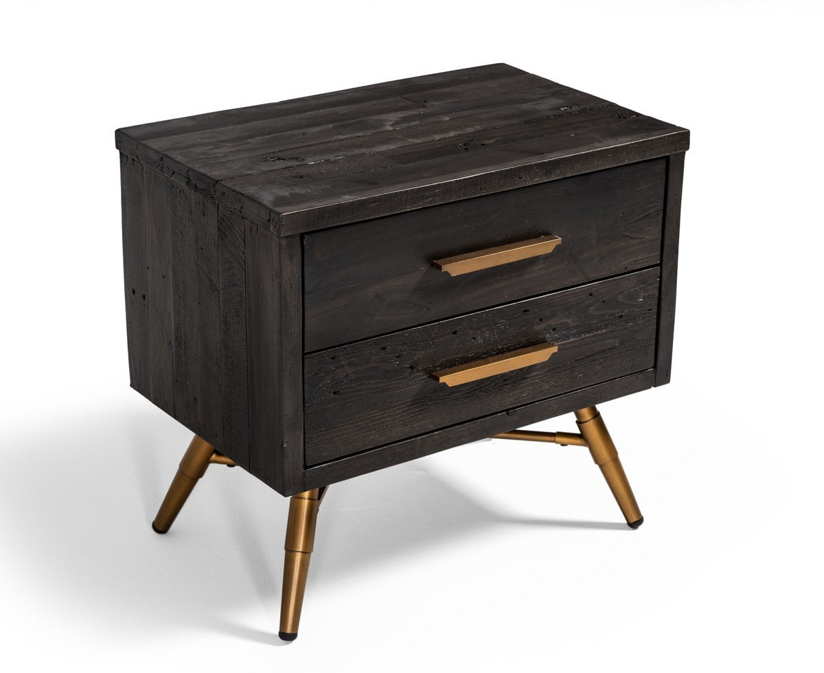 Modern Dark Brown Recycled Pine Nightstand with  Antique Fittings