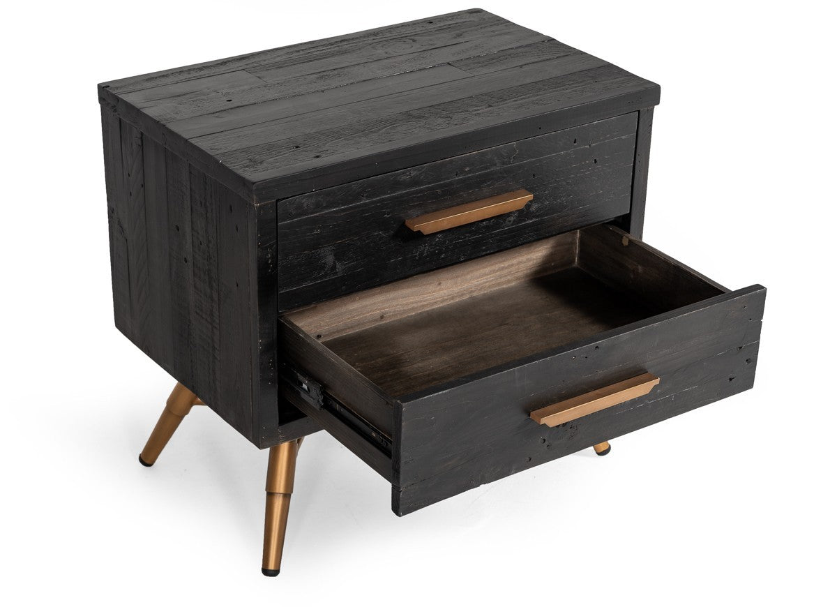 Modern Dark Brown Recycled Pine Nightstand with  Antique Fittings