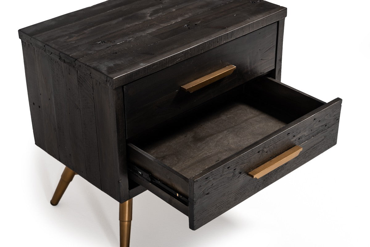 Modern Dark Brown Recycled Pine Nightstand with  Antique Fittings