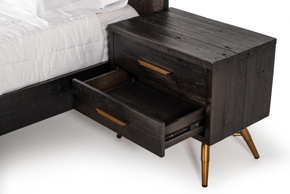 Modern Dark Brown Recycled Pine Nightstand with  Antique Fittings