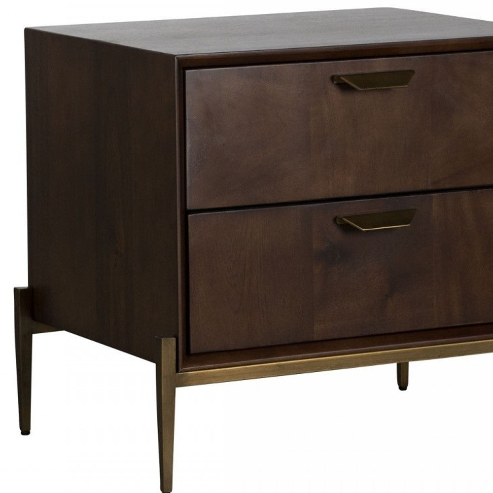 Modern Dark Mango Acacia and Brass Nightstand with Two Drawers