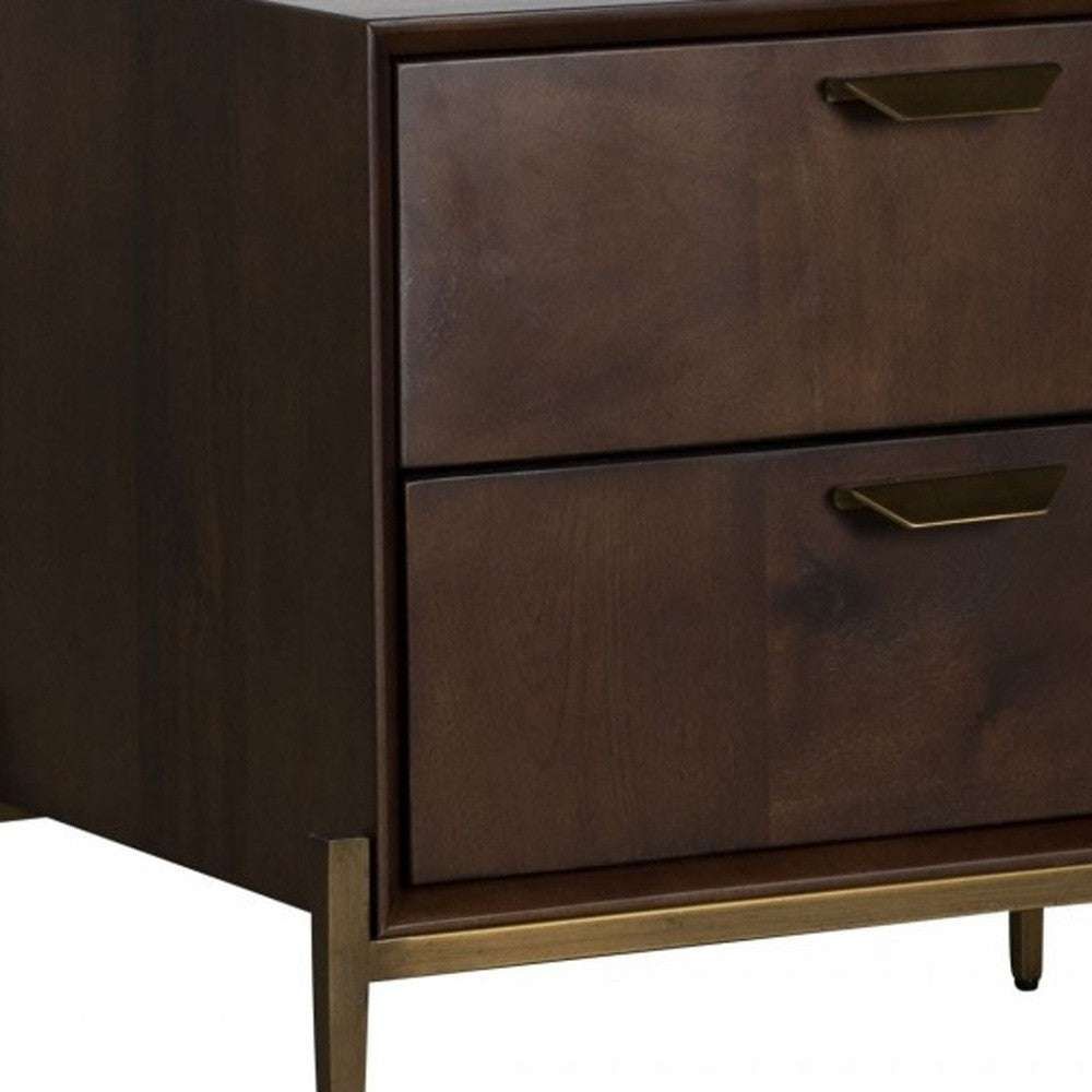 Modern Dark Mango Acacia and Brass Nightstand with Two Drawers