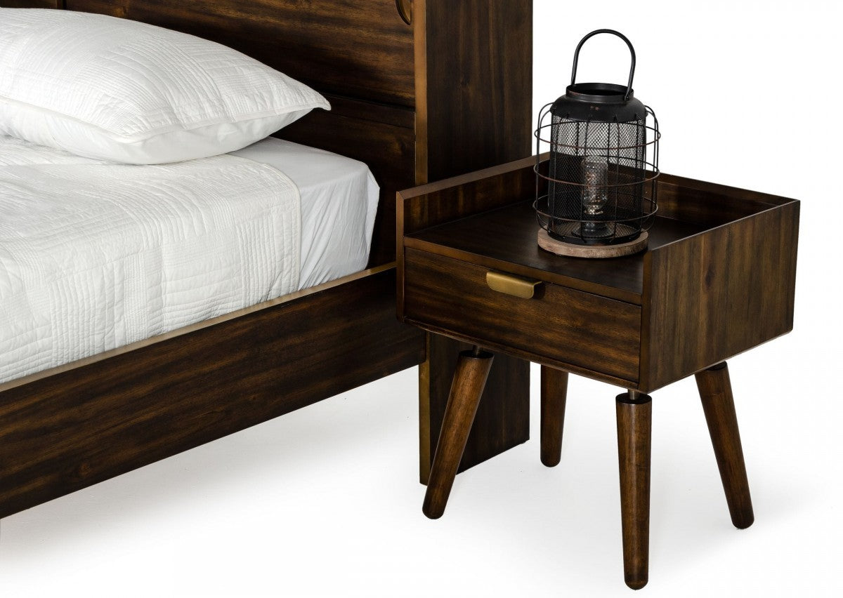 Classic Dark Walnut Acacia Wood Nightstand with Single Drawer