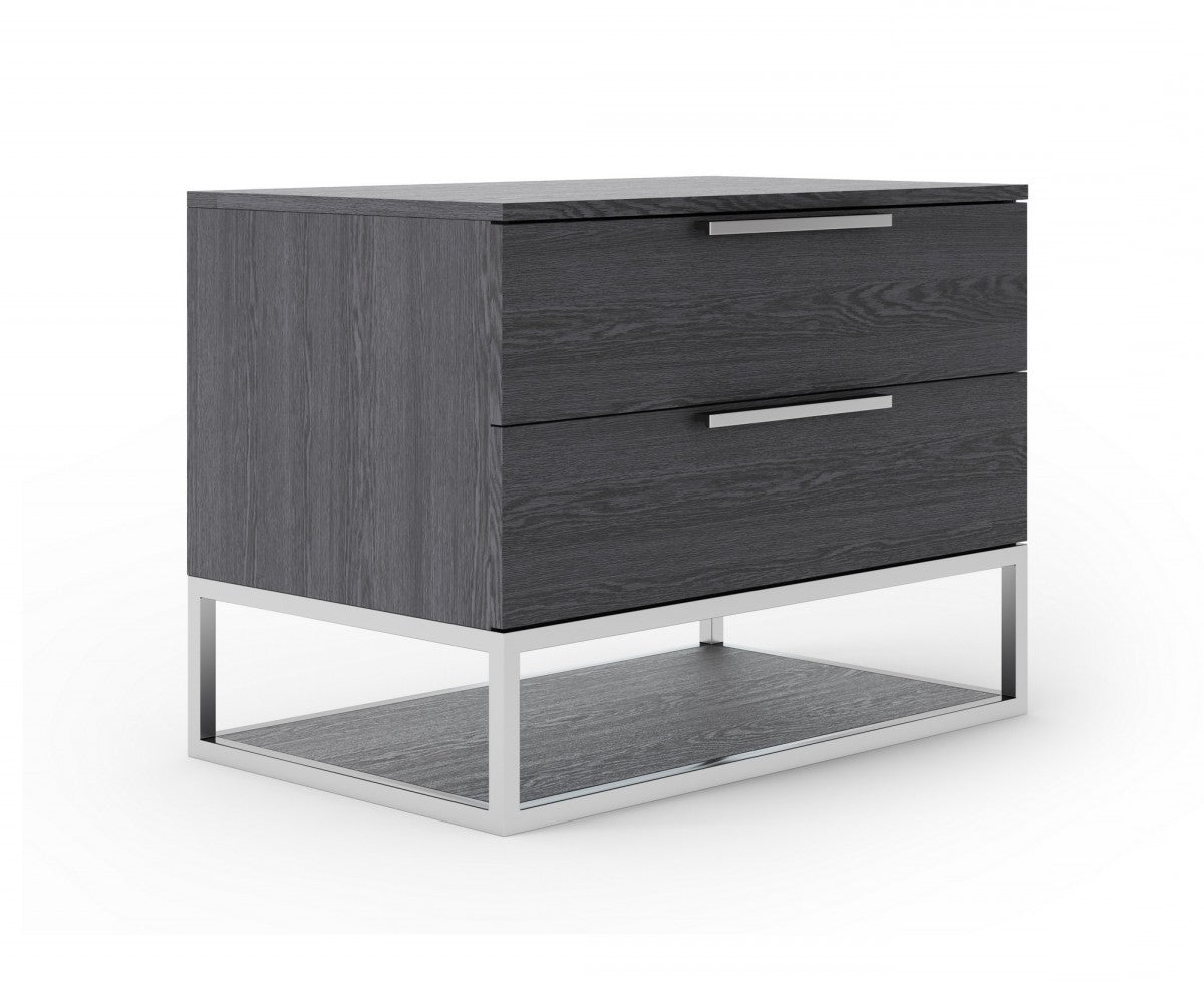 Contemporary Elm Gray and Stainless Steel Nightstand with Two Drawers