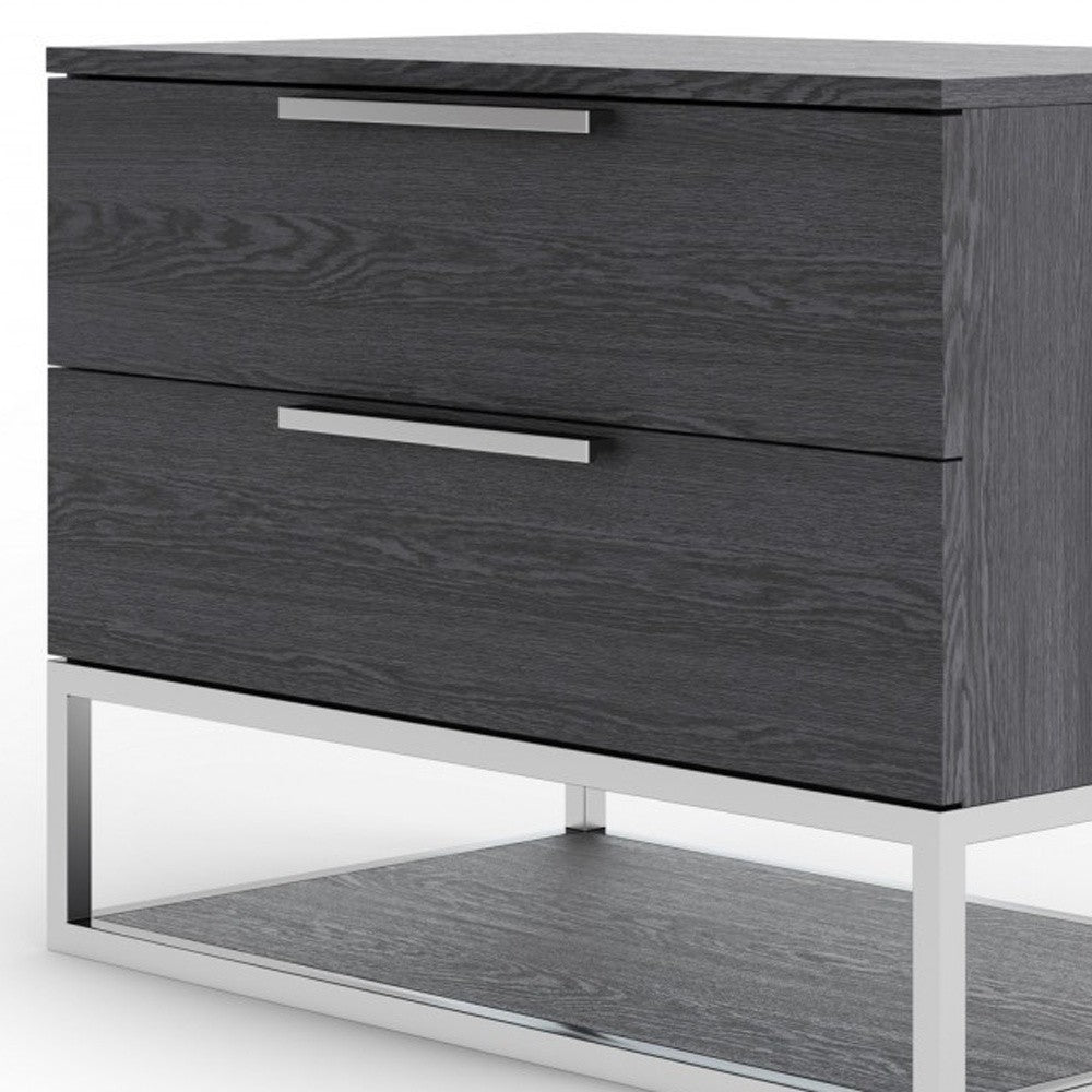 Contemporary Elm Gray and Stainless Steel Nightstand with Two Drawers