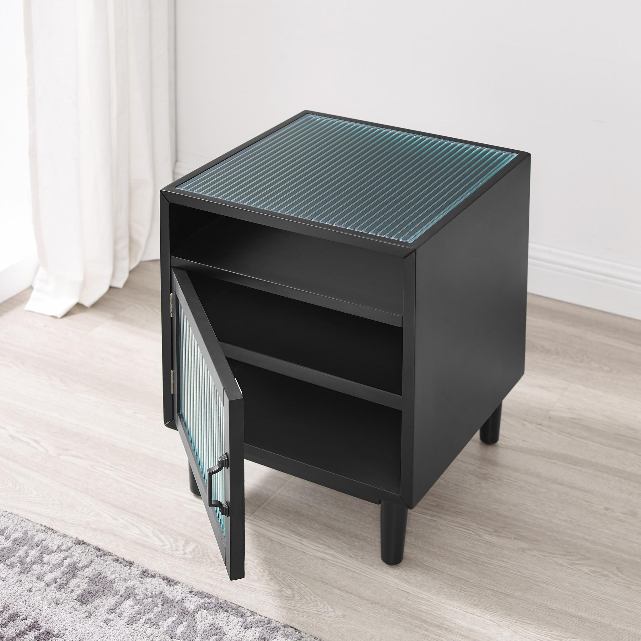 Black Wood and Glass Side Table with Storage Shelves