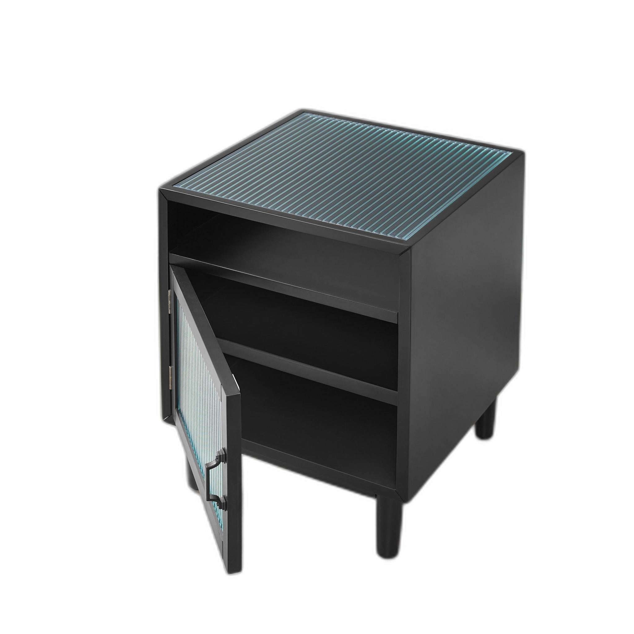 Black Wood and Glass Side Table with Storage Shelves