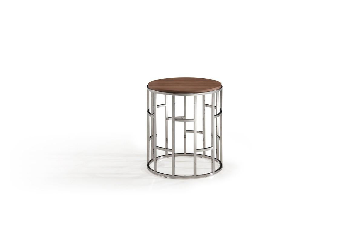 Stylish Silver And Walnut Round Geometric End or Side Table