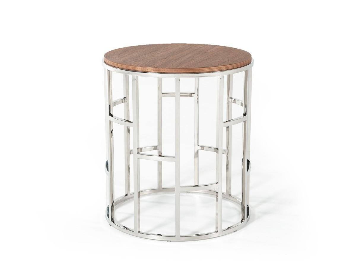 Stylish Silver And Walnut Round Geometric End or Side Table