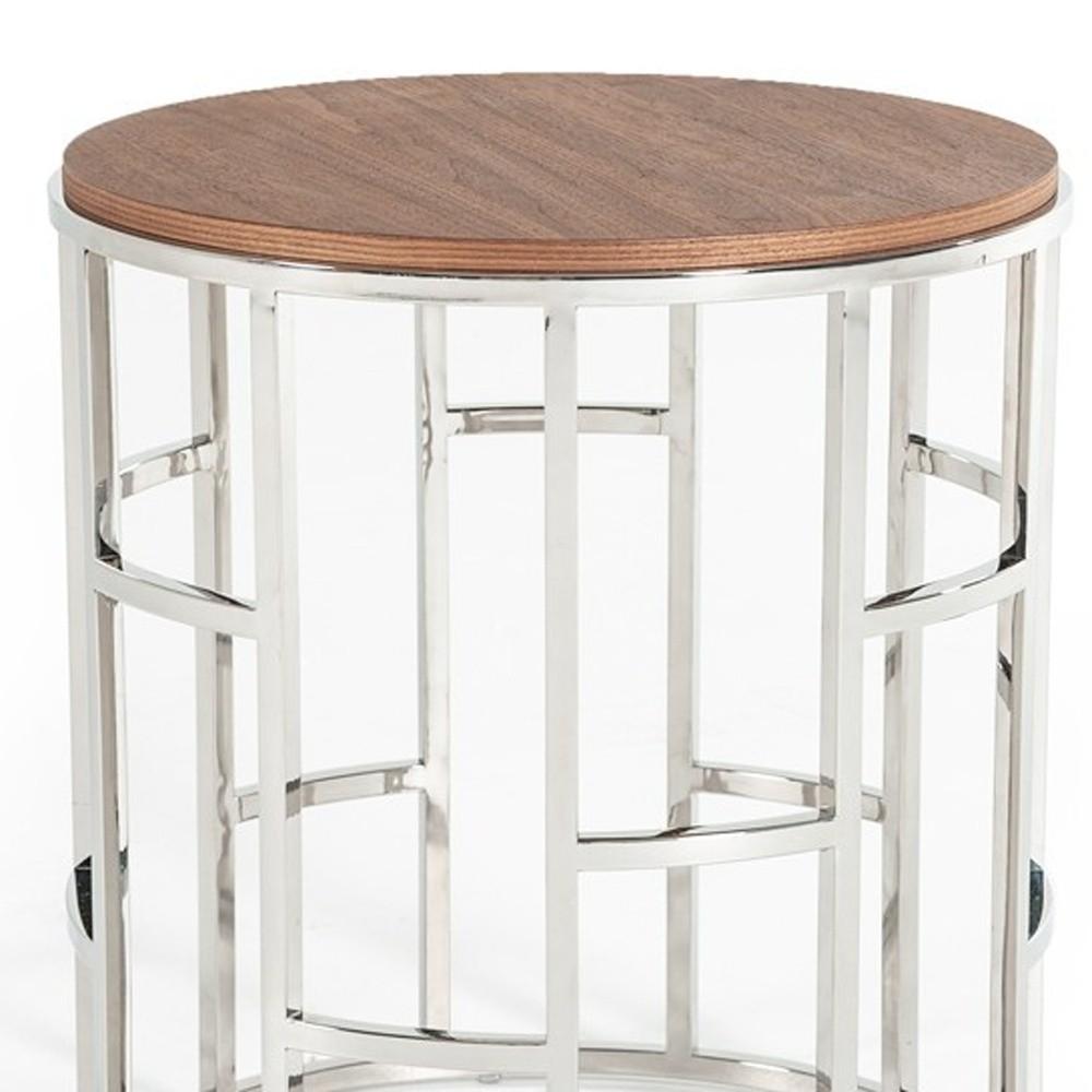 Stylish Silver And Walnut Round Geometric End or Side Table