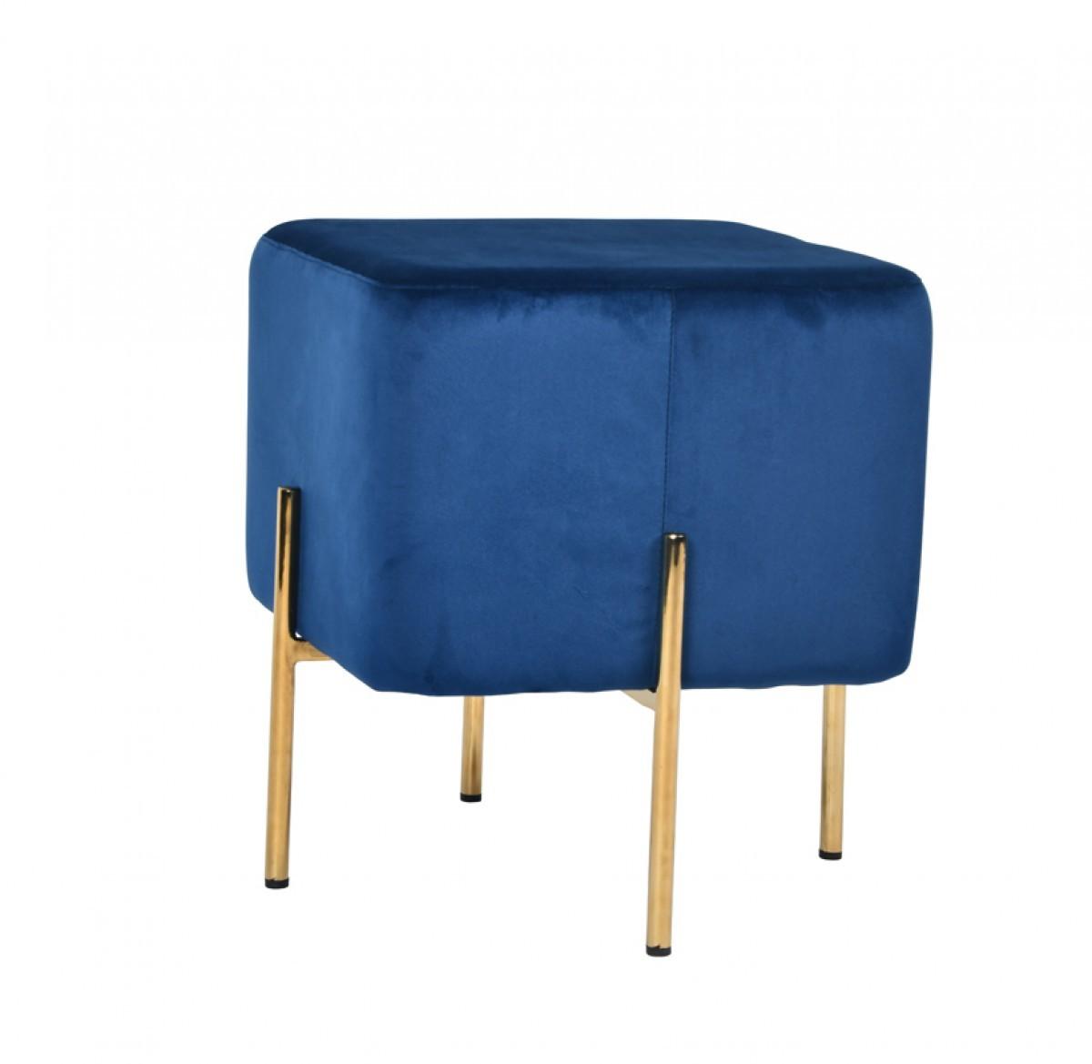 Compact Blue Velvet And Gold Metal Square Ottoman