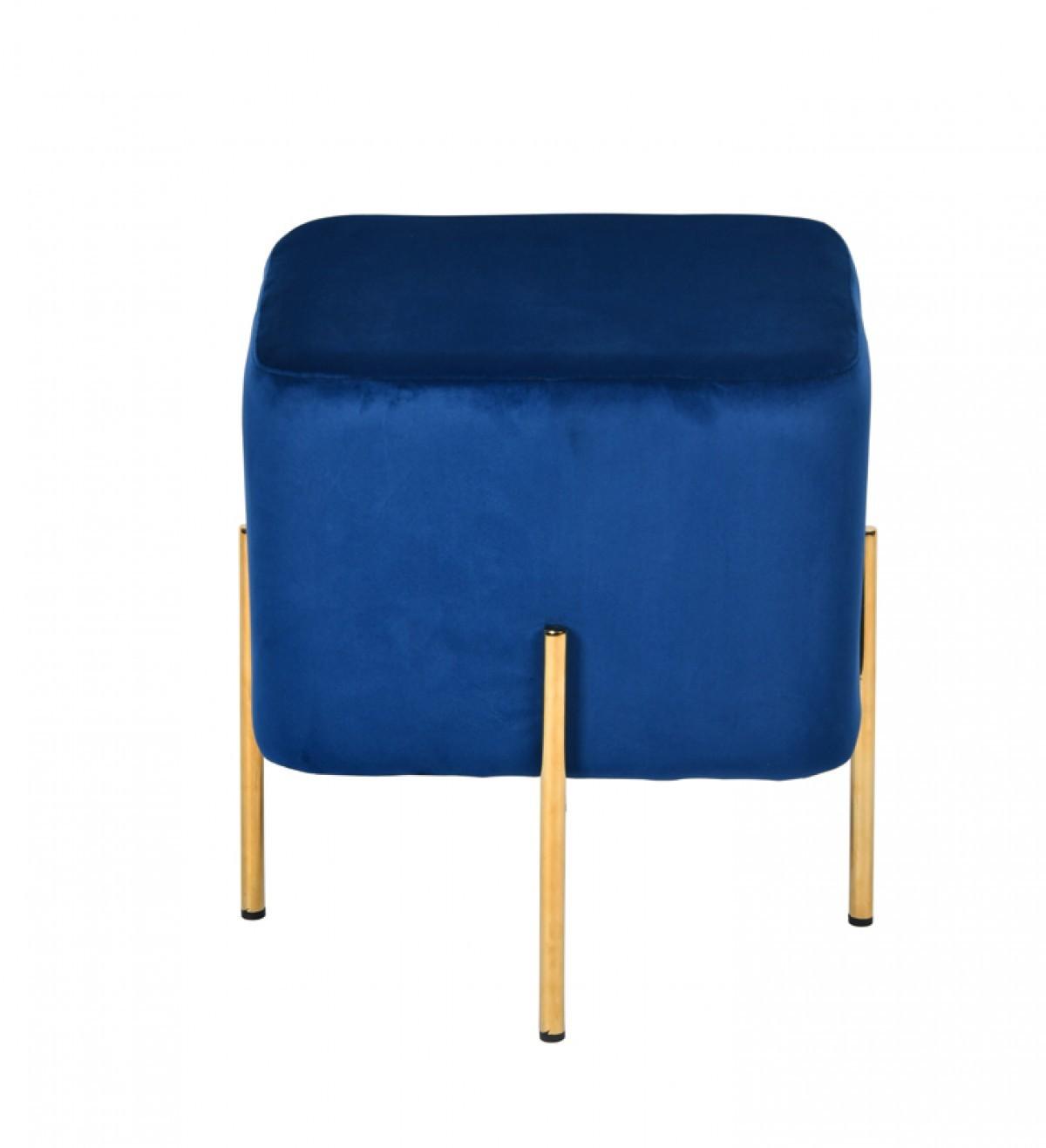 Compact Blue Velvet And Gold Metal Square Ottoman