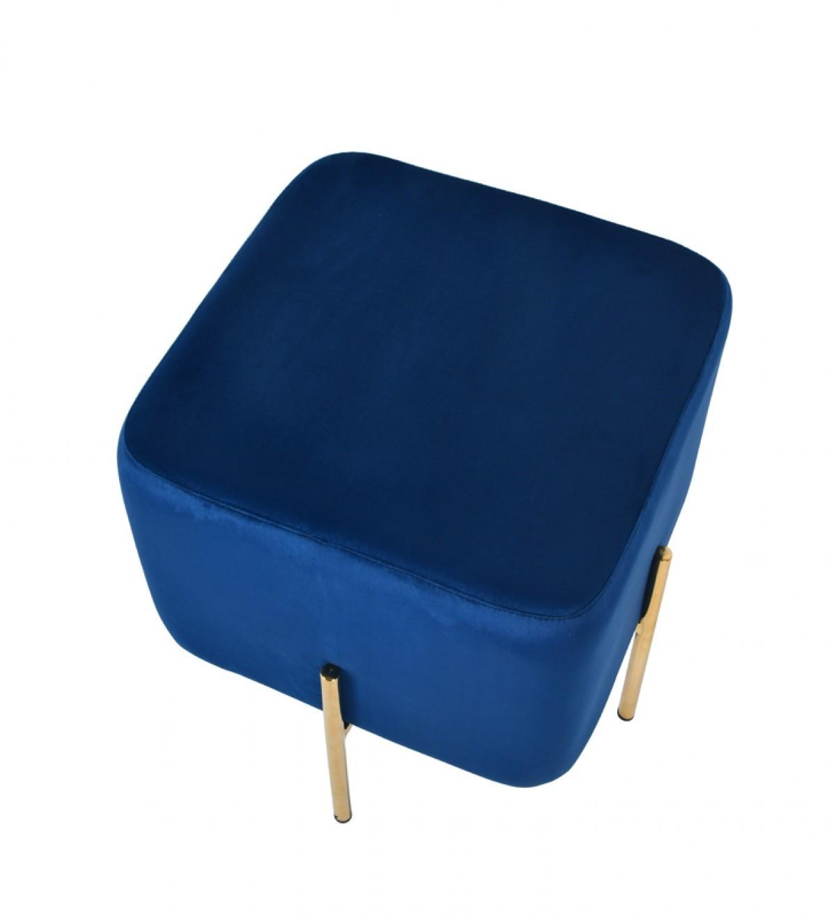 Compact Blue Velvet And Gold Metal Square Ottoman