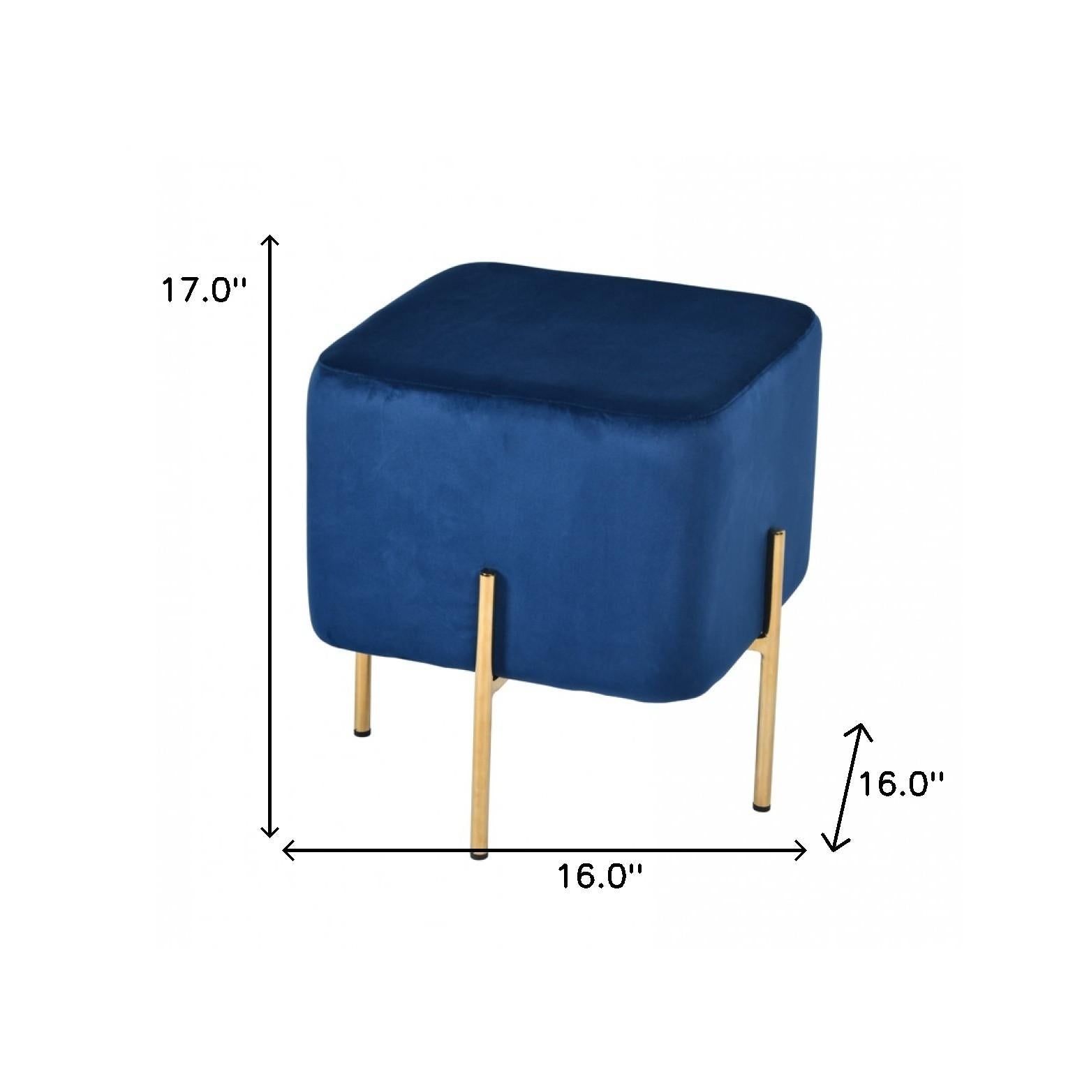 Compact Blue Velvet And Gold Metal Square Ottoman