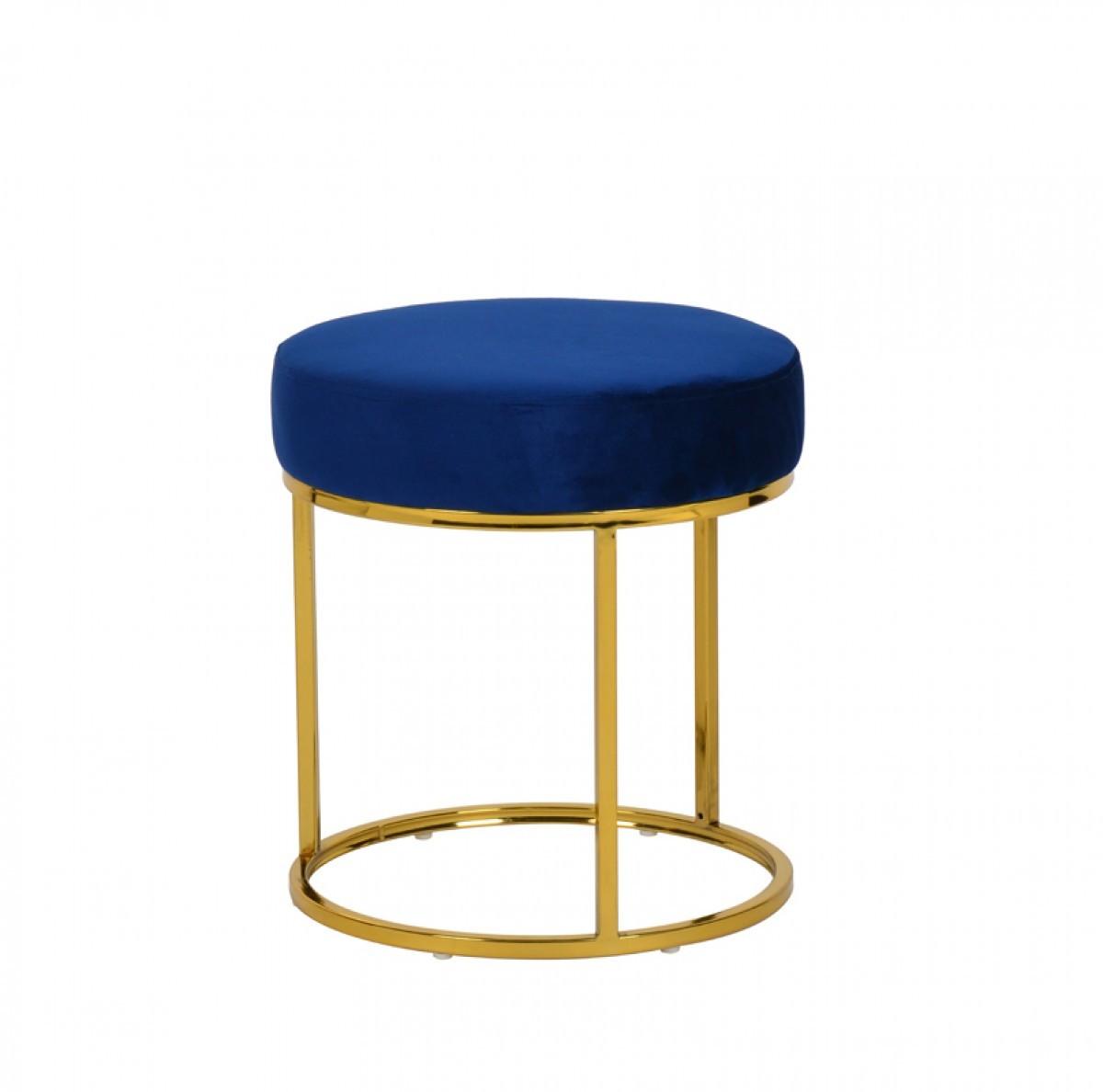 Compact Blue Velvet And Gold Round Ottoman