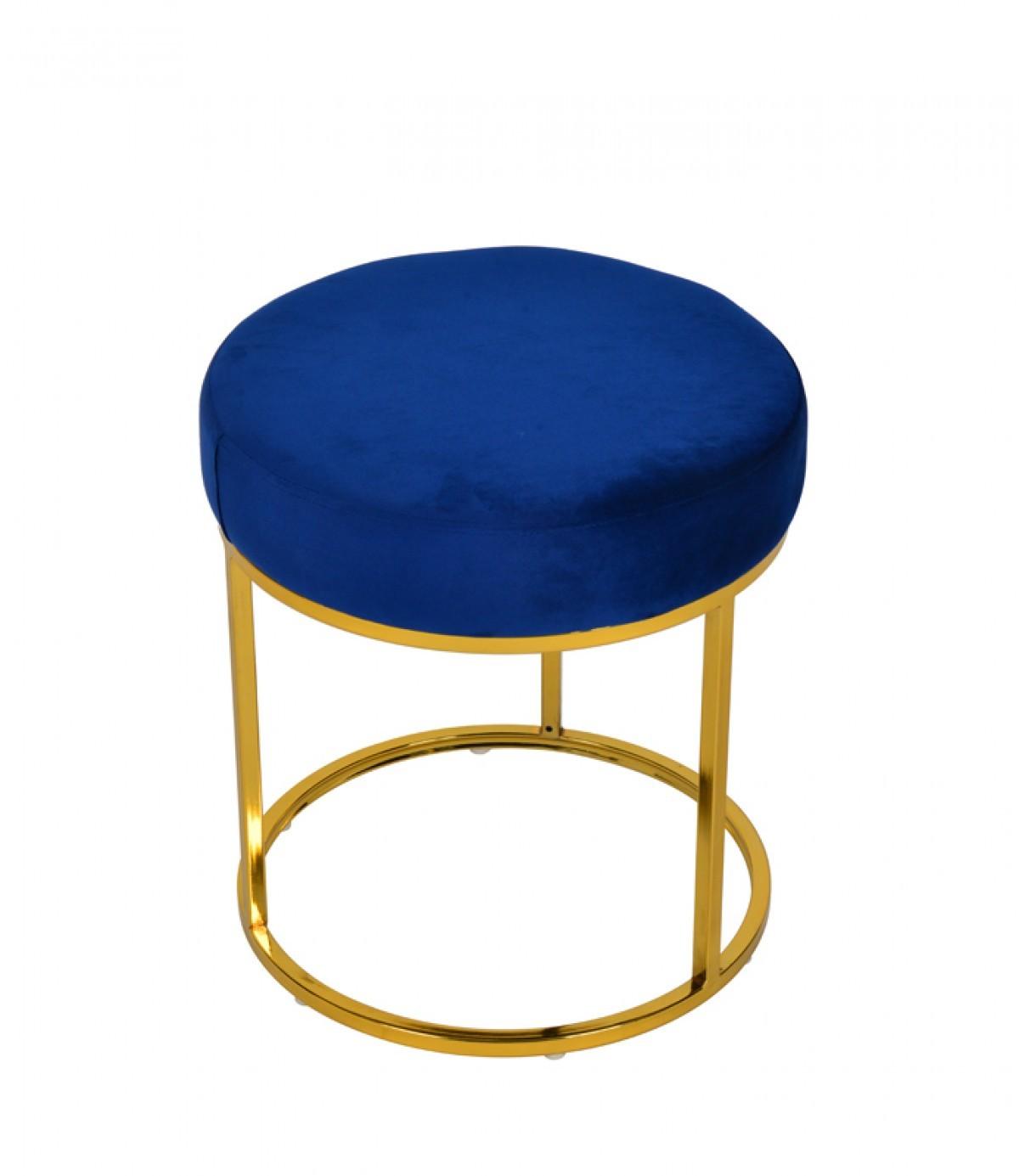 Compact Blue Velvet And Gold Round Ottoman