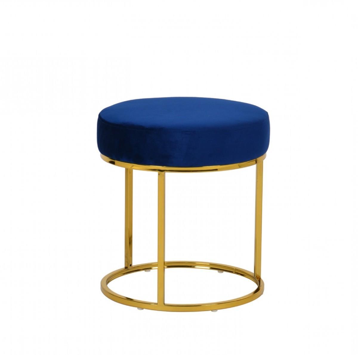 Compact Blue Velvet And Gold Round Ottoman