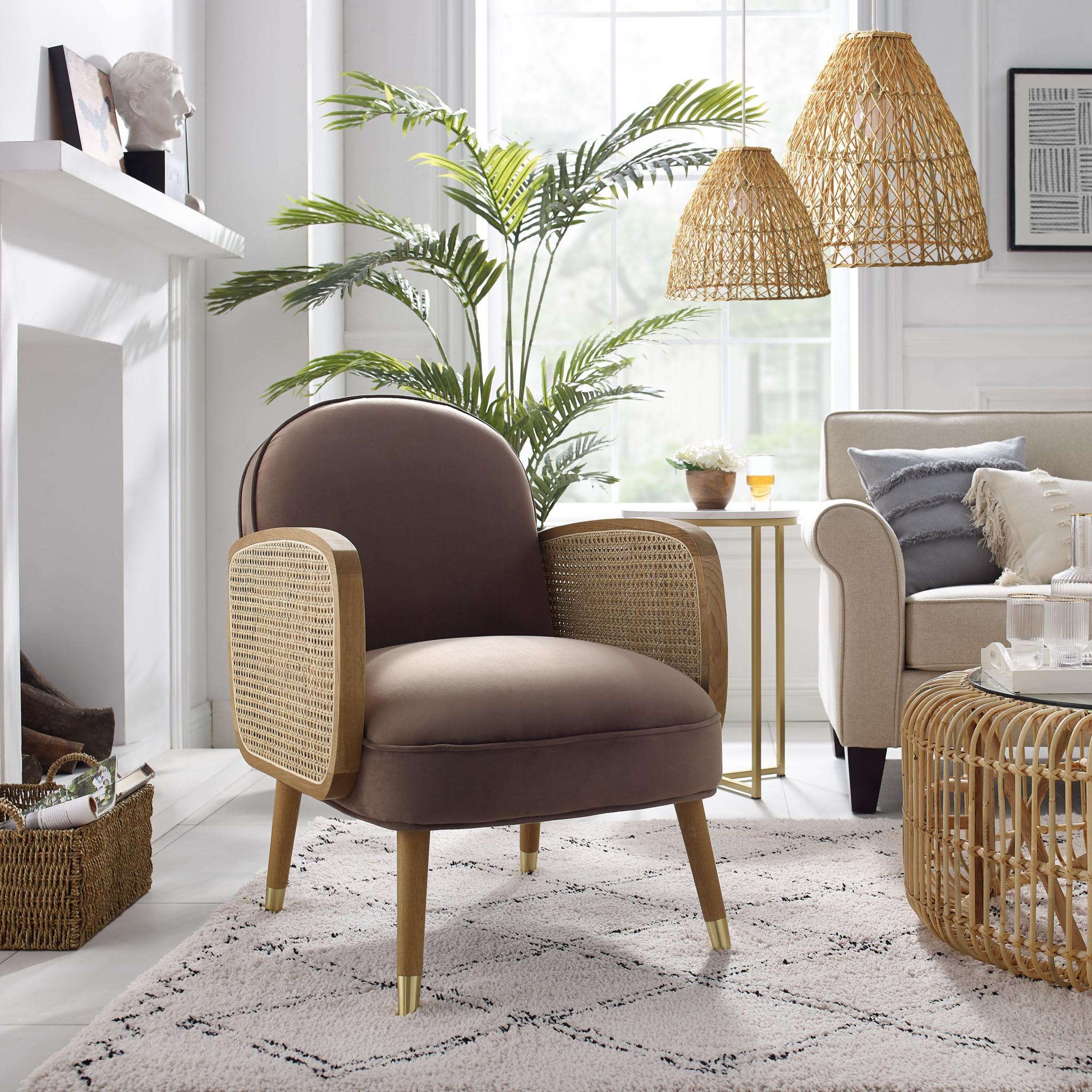 Modern Mocha Velvet with Cane Accent Chair