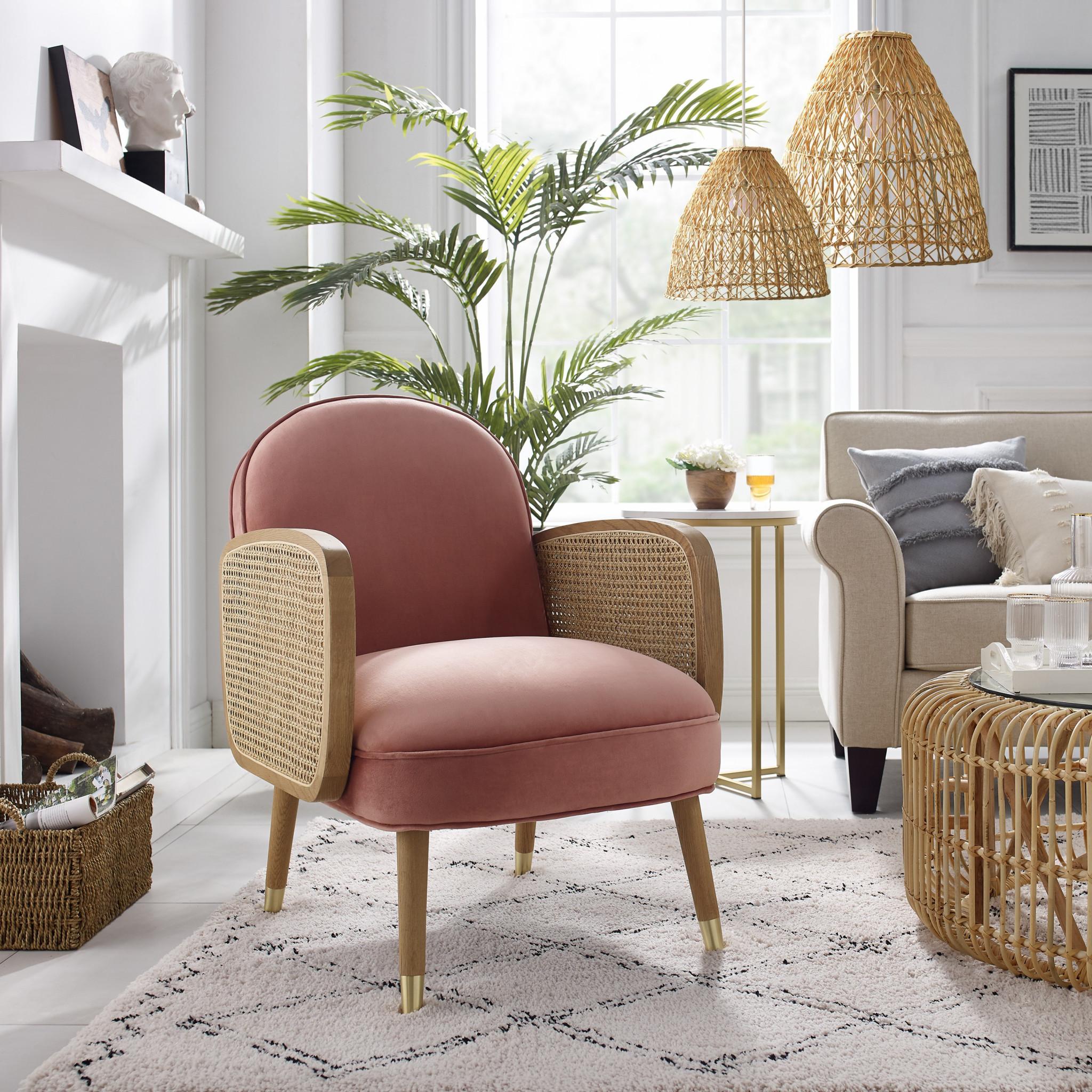 Modern Pink Velvet with Cane Accent Chair