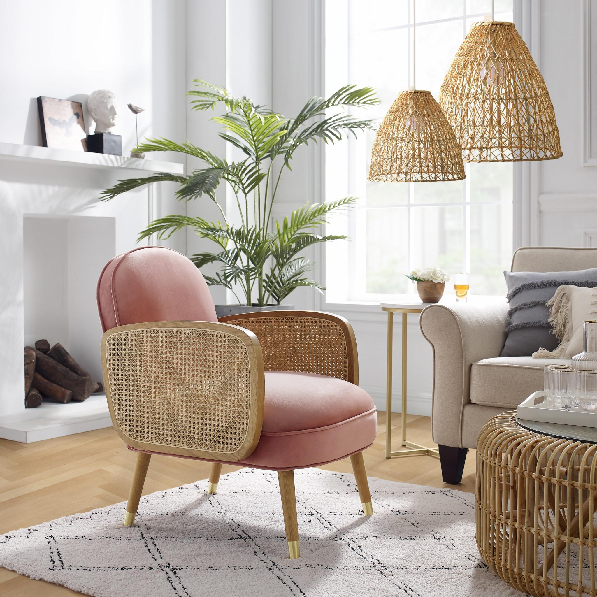 Modern Pink Velvet with Cane Accent Chair