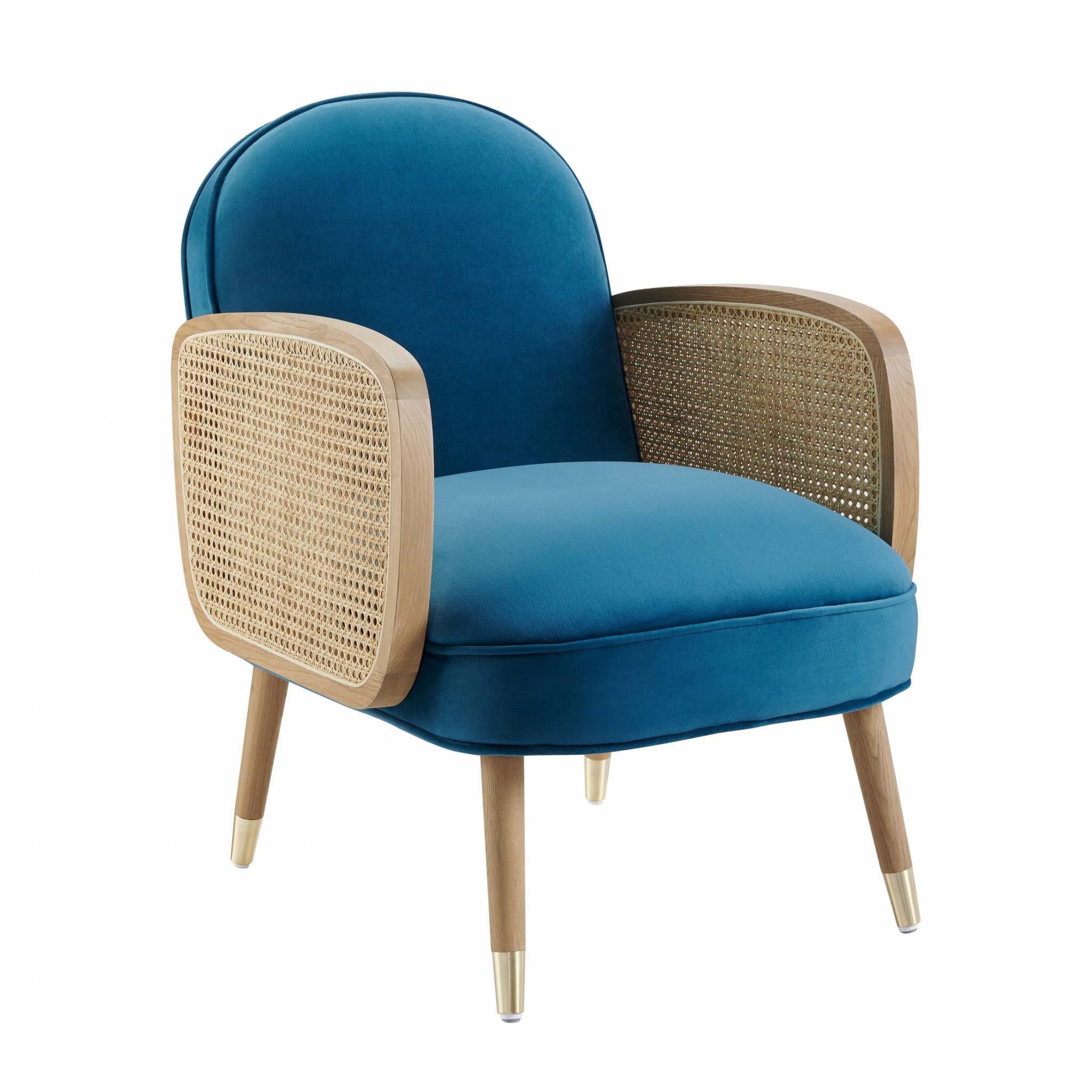 Modern Blue Velvet with Cane Accent Chair