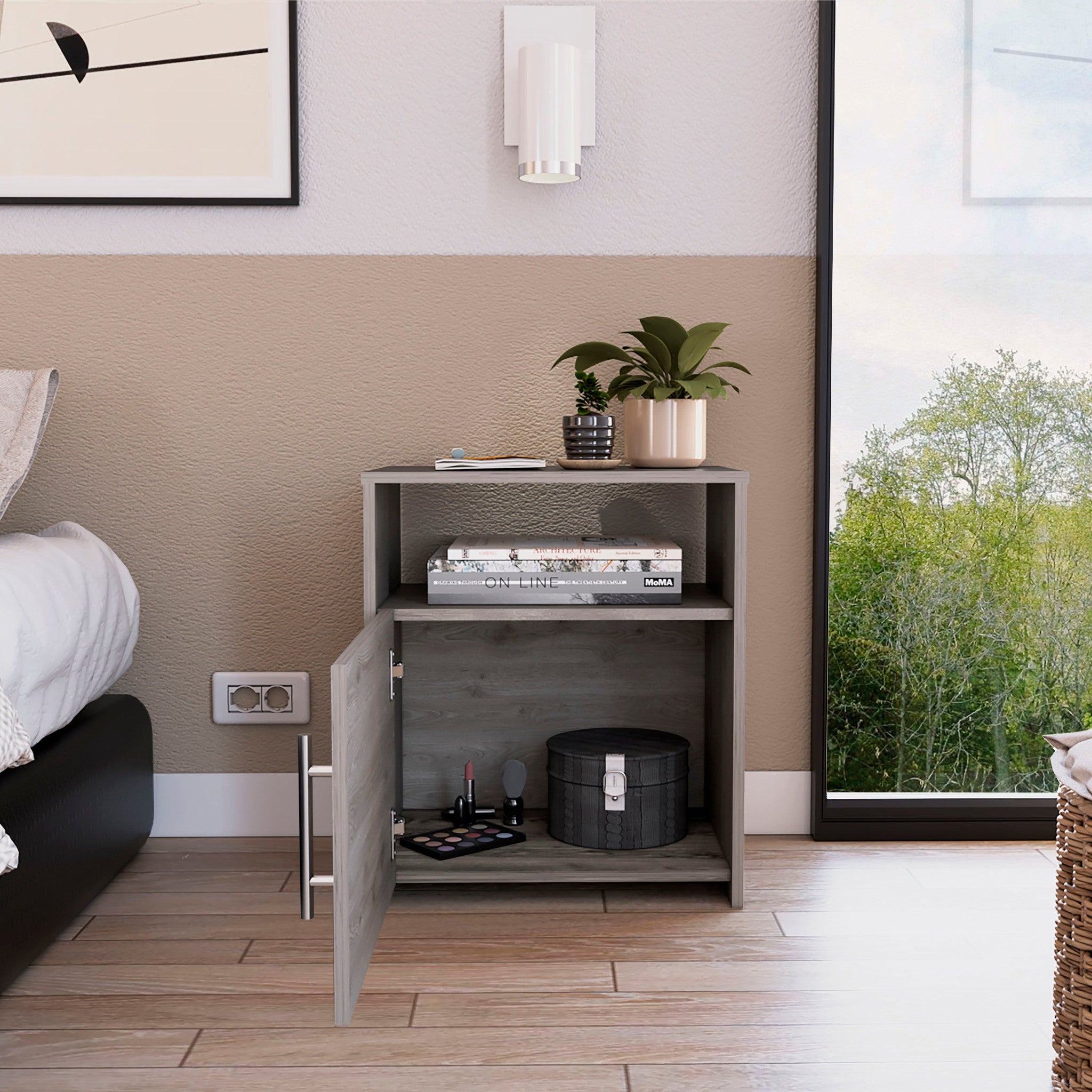 Black Wengue Nightstand with One Door Panel Cabinet