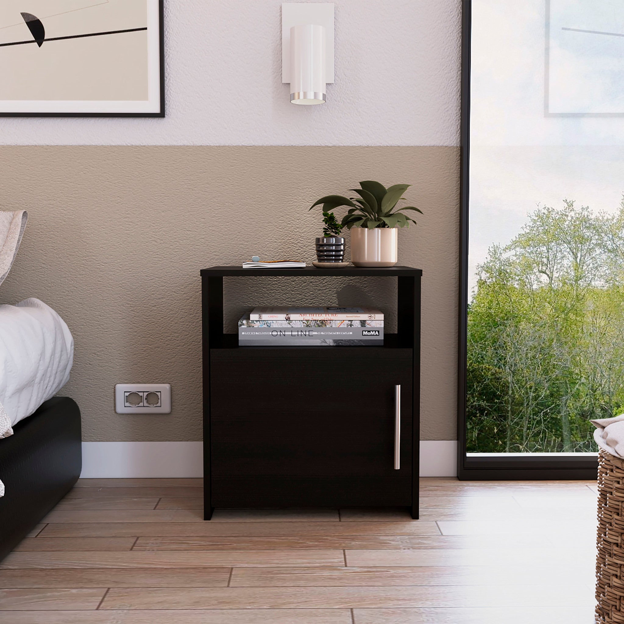 Light Gray Nightstand with One Door Panel Cabinet