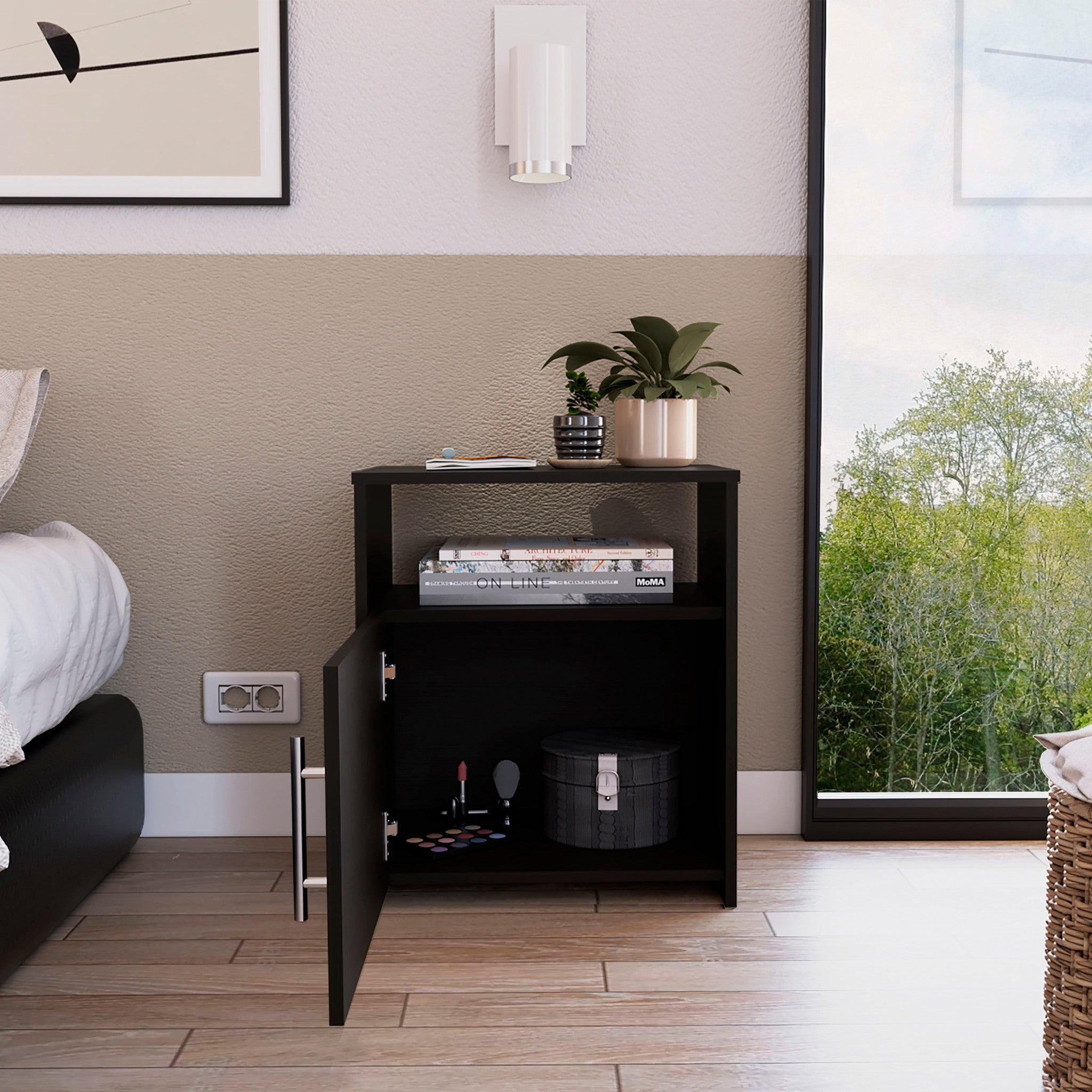 Light Gray Nightstand with One Door Panel Cabinet