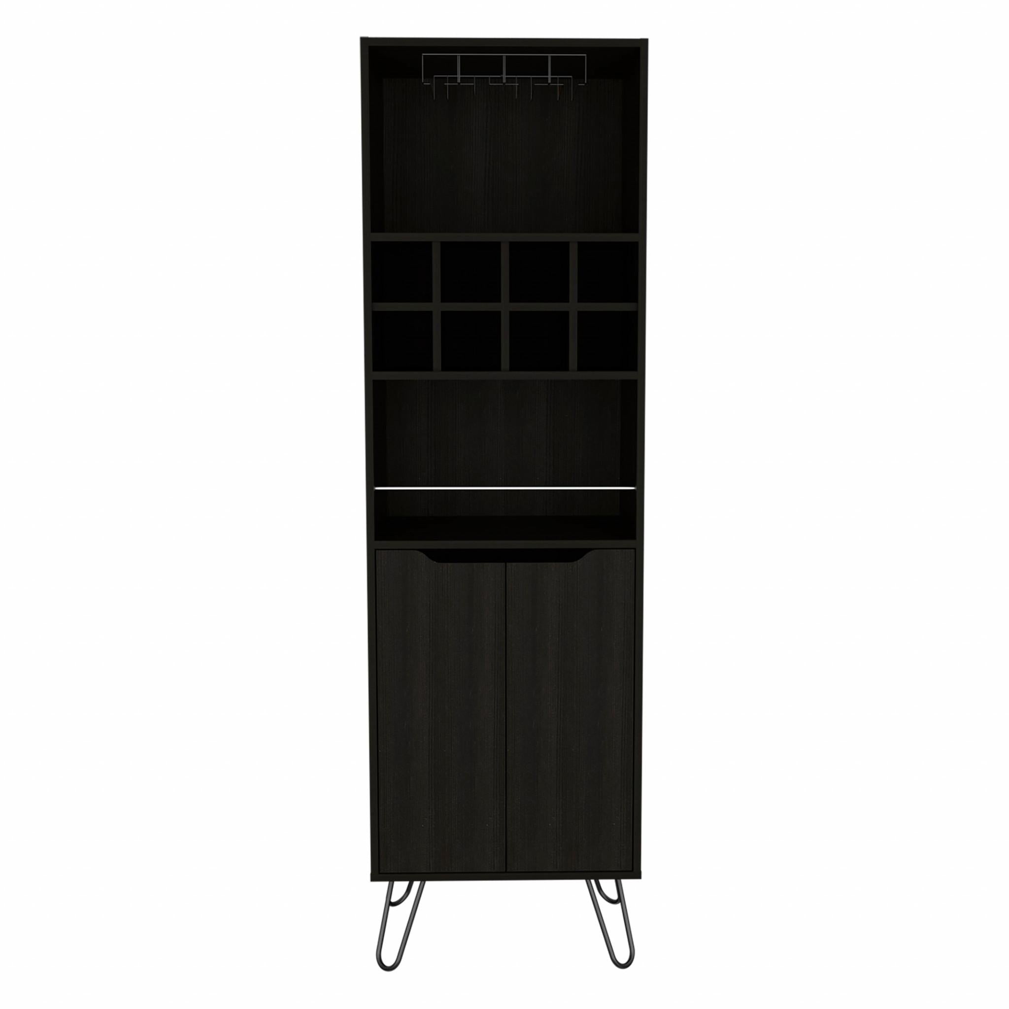 Black Tall Bar Cabinet with Two Door Panels and Top Wine Glass Rack