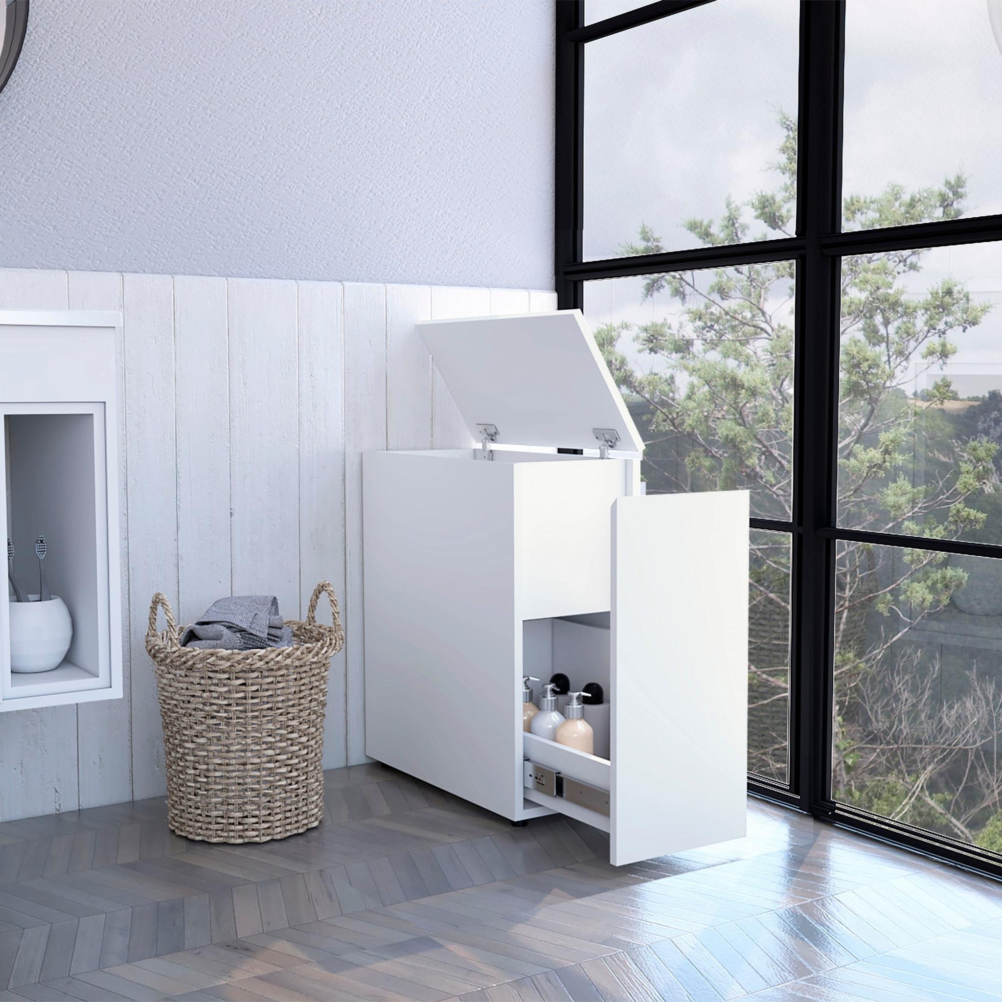 White Bathroom Cabinet with Top Shelf and Sliding Drawer